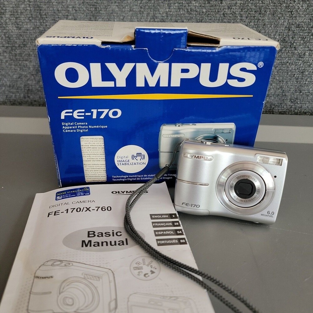Olympus FE-170 6.0MP Compact Digital Camera Silver w/ Box & Manual TESTED WORKS